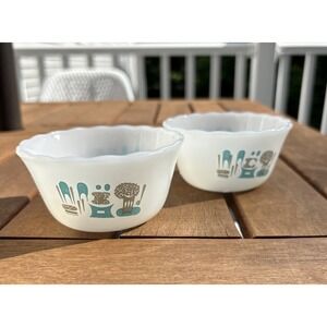 Vintage Fire King Blue Heaven Milk Glass Bowl Set X2-‎ ATOMIC!
